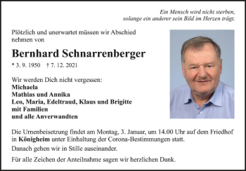 Traueranzeige von Bernhard Schnarrenberger von Fränkische Nachrichten