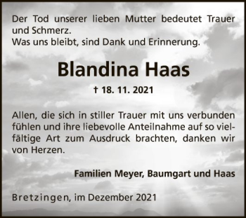 Traueranzeige von Blandina Haas von Fränkische Nachrichten