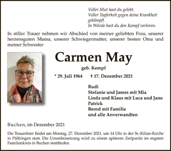 Traueranzeige von Carmen May von Fränkische Nachrichten