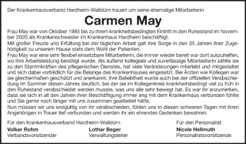 Traueranzeige von Carmen May von Fränkische Nachrichten