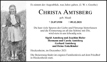 Traueranzeige von Christa Amtsberg von Schwetzinger Zeitung