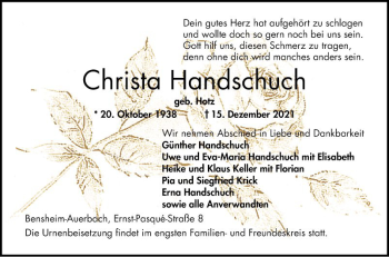Traueranzeige von Christa Handschuch von Bergsträßer Anzeiger