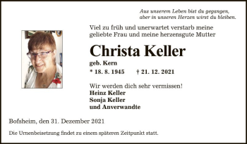 Traueranzeige von Christa Keller von Fränkische Nachrichten