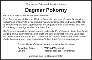 Traueranzeige von Dagmar Pokorny von Fränkische Nachrichten