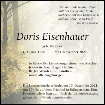 Traueranzeige von Doris Eisenhauer von Mannheimer Morgen