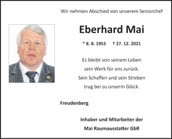 Traueranzeige von Eberhard Mai von Fränkische Nachrichten