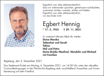 Traueranzeige von Egbert Hennig von Fränkische Nachrichten