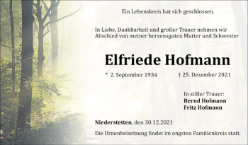 Traueranzeige von Elfriede Hofmann von Fränkische Nachrichten