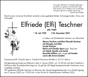 Traueranzeige von Elfriede Teschner von Bergsträßer Anzeiger