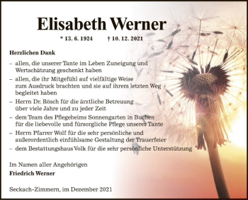 Traueranzeige von Elisabeth Werner von Fränkische Nachrichten