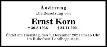 Traueranzeige von Ernst Korn von Fränkische Nachrichten