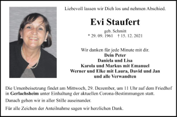 Traueranzeige von Evi Staufert von Fränkische Nachrichten