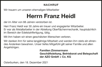 Traueranzeige von Franz Heidl von Fränkische Nachrichten