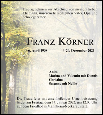 Traueranzeige von Franz Körner von Mannheimer Morgen