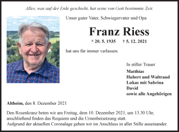 Traueranzeige von Franz Riess von Fränkische Nachrichten