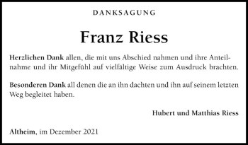 Traueranzeige von Franz Riess von Fränkische Nachrichten