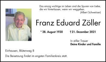 Traueranzeige von Franz Eduard Zöller von Bergsträßer Anzeiger