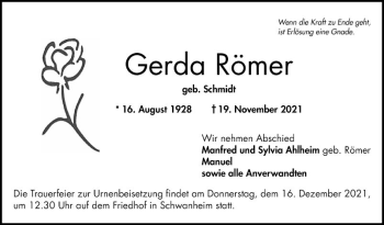 Traueranzeige von Gerda Römer von Bergsträßer Anzeiger