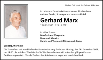 Traueranzeige von Gerhard Marx von Fränkische Nachrichten