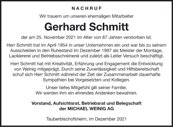 Traueranzeige von Gerhard Schmitt von Fränkische Nachrichten