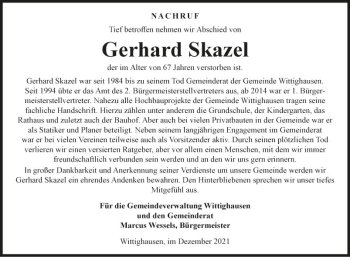 Traueranzeige von Gerhard Skazel von Fränkische Nachrichten