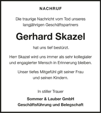 Traueranzeige von Gerhard Skazel von Fränkische Nachrichten