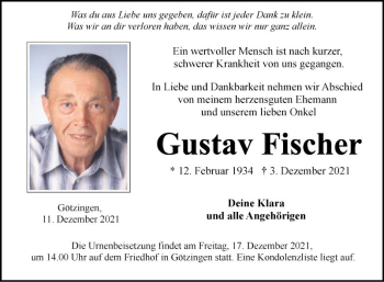 Traueranzeige von Gustav Fischer von Fränkische Nachrichten