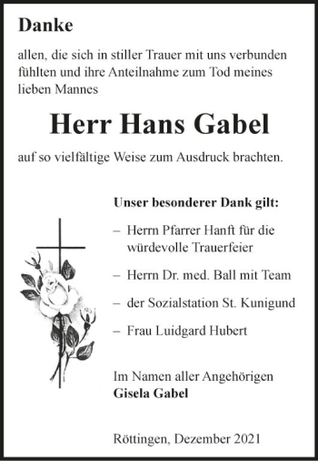 Traueranzeige von Hans Gabel von Fränkische Nachrichten