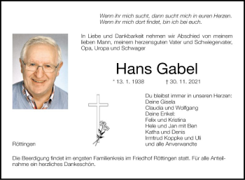 Traueranzeige von Hans Gabel von Fränkische Nachrichten