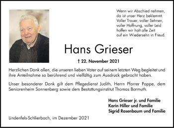 Traueranzeige von Hans Grieser von Bergsträßer Anzeiger