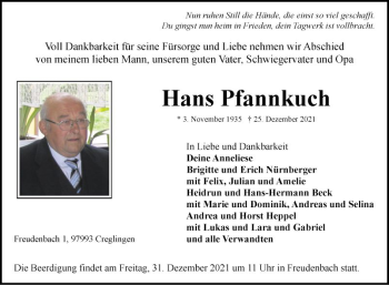 Traueranzeige von Hans Pfannkuch von Fränkische Nachrichten