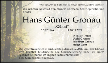 Traueranzeige von Hans Günter Gronau von Mannheimer Morgen