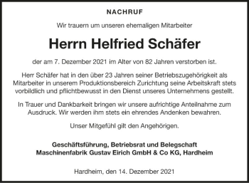 Traueranzeige von Helfried Schäfer von Fränkische Nachrichten