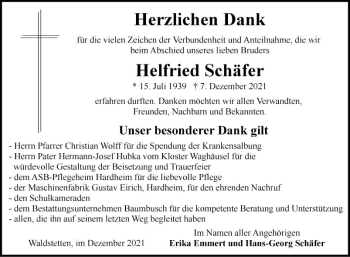 Traueranzeige von Helfried Schäfer von Fränkische Nachrichten