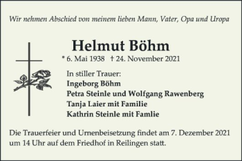 Traueranzeige von Helmut Böhm von Schwetzinger Zeitung