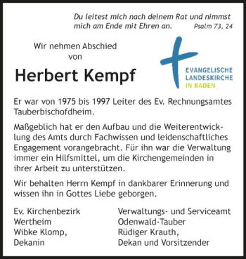 Traueranzeige von Herbert Kempf von Fränkische Nachrichten