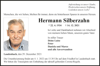 Traueranzeige von Hermann Silberzahn von Fränkische Nachrichten