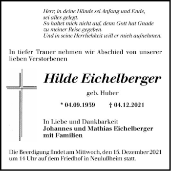 Traueranzeige von Hilde Eichelberger von Schwetzinger Zeitung