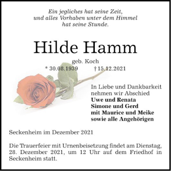 Traueranzeige von Hilde Hamm von Mannheimer Morgen