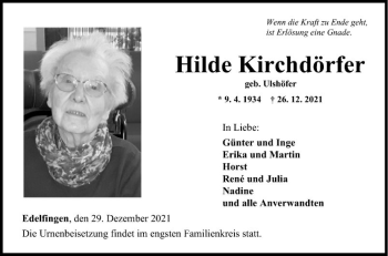 Traueranzeige von Hilde Kirchdörfer von Fränkische Nachrichten