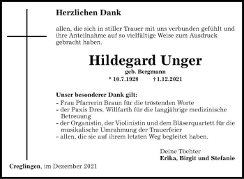 Traueranzeige von Hildegard Unger von Fränkische Nachrichten