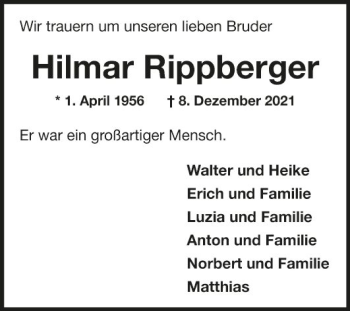 Traueranzeige von Hilmar Rippberger von Fränkische Nachrichten