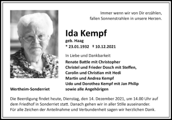 Traueranzeige von Ida Kempf von Fränkische Nachrichten