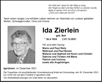 Traueranzeige von Ida Zierlein von Fränkische Nachrichten