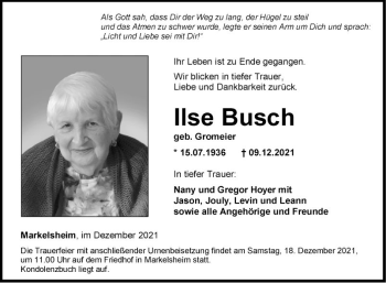 Traueranzeige von Ilse Busch von Fränkische Nachrichten