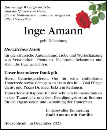 Traueranzeige von Inge Amann von Schwetzinger Zeitung