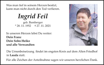 Traueranzeige von Ingrid Feil von Fränkische Nachrichten