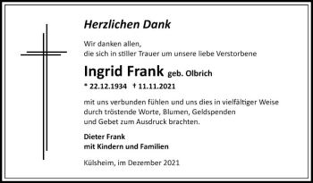 Traueranzeige von Ingrid Frank von Fränkische Nachrichten