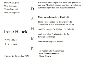 Traueranzeige von Irene Hauck von Fränkische Nachrichten