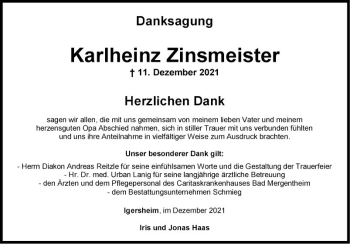 Traueranzeige von Karlheinz Zinsmeister von Fränkische Nachrichten